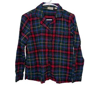 L.L.Bean Womens XSP Plaid Button-Up Flannel Pajama Shirt In Red & Green